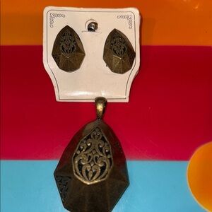 Bronze brass-like Pendant and clip on Earring Set